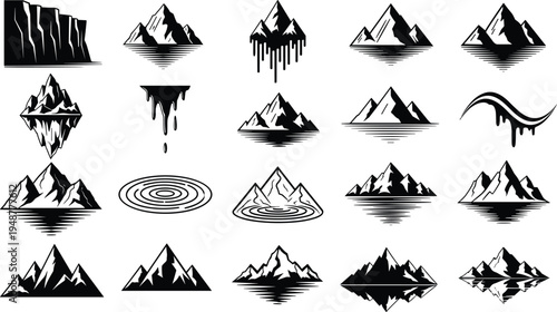 Black silhouette vector illustration of stylized mountain designs with reflections, dripping effects, ripples, and abstract shapes, symbolizing nature, landscape, and decorative themes