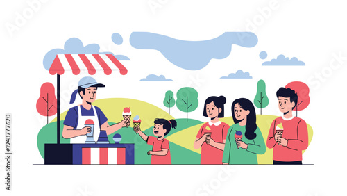 Happy ice cream vendor serves delicious cones to a group of children and adults at a colorful stand in a beautiful green park during summer.