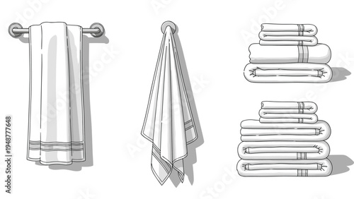 Various white bathroom towels are displayed hanging on a rack and folded in neat stacks, showing different ways to organize linens.