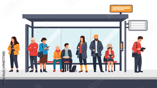 Commuters of different ages and backgrounds waiting together at a city bus stop shelter for their public transport.