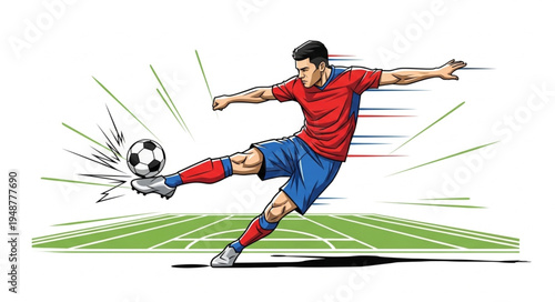 Soccer Player Kicking Ball on Field Action Shot.