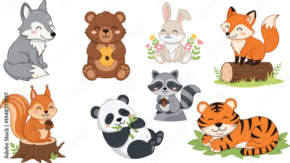 Obraz premium Cartoon Forest Animals Set with Fox, Bear, Tiger, Panda, Rabbit, Raccoon, Squirrel, and Wolf in Cute Designs