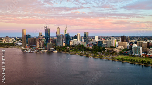 Konstfotografi Perth City at Sunrise, Western Australia – 4K Aerial Drone View of Skyline, Swan