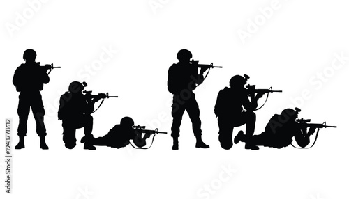 Battlefield Medic Silhouettes Assisting Injured Soldiers in Tactical Positions