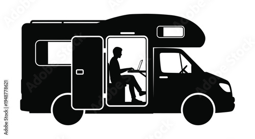 Silhouette illustration showcasing a person productively working on a laptop inside a modern camper van, embodying the digital nomad lifestyle.
