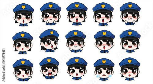 Cute Police Officer Character Sticker Set Vector, Kawaii Cop Mascot Emoji Pack, Funny Law Enforcement Emotes