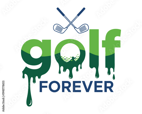 A creative golf forever logo featuring melting green letters and crossed clubs on white background