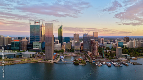 Wallpaper Mural Perth City at Sunrise, Western Australia – 4K Aerial Drone View of Skyline, Swan River, Central Business District, CBD, Modern Skyscrapers, Waterfront Marina, Swan River and Golden Morning Light Torontodigital.ca