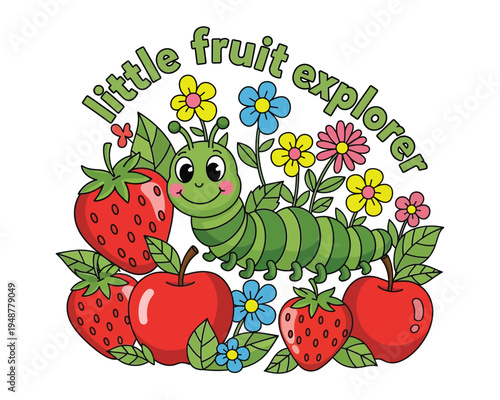 A cute green caterpillar smiling among red strawberries, red apples, and colorful garden flowers