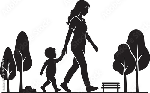 Mother and Child Walking in Park Minimal Vector Silhouette Family Nature Illustration