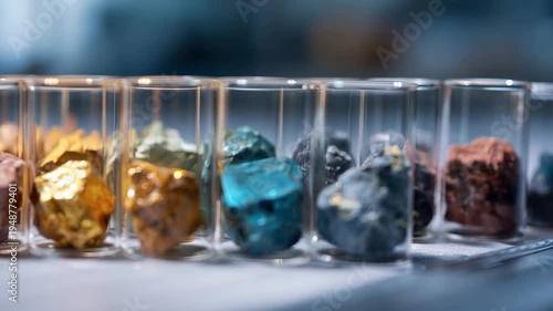 Laboratory study of rare earth elements with colorful mineral samples in glass containers
