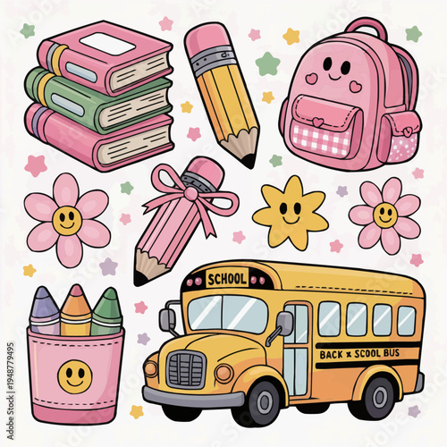 Cute back to school doodle collection with bus backpack books pencil crayons flowers and stars in soft pastel colors for classroom stickers nursery decor educational projects and planners