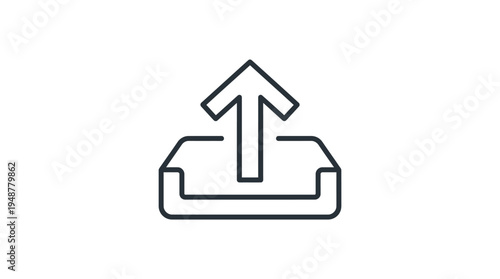 Minimalist upload/share icon in black outline, upward arrow emerging from rectangular base, simple design symbolizing file transfer, sharing, cloud upload, and digital communication.