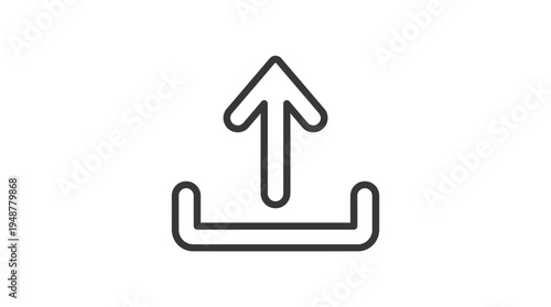Minimalist upload/share icon in black outline, upward arrow emerging from rectangular base, simple design symbolizing file transfer, sharing, cloud upload, and digital communication.
