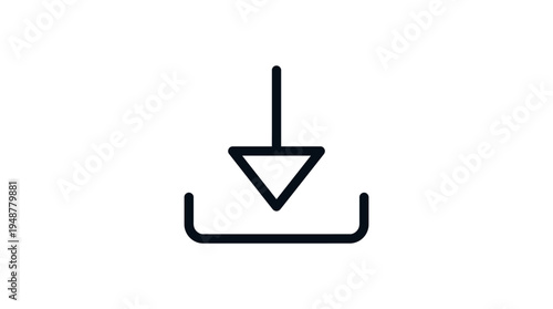 Minimalist download icon in black outline, downward arrow pointing into tray, simple design symbolizing file transfer, digital downloading, software, documents, and internet-based content access.