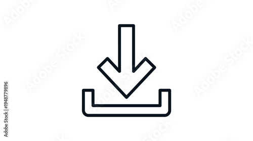 Minimalist download icon in black outline, downward arrow pointing into tray, simple design symbolizing file transfer, digital downloading, software, documents, and internet-based content access.