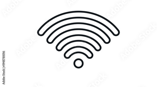Minimalist Wi-Fi icon in black and white, curved signal lines radiating from central dot, universal symbol of wireless internet connectivity, modern communication, and digital networking.