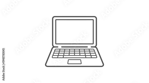 Minimalist laptop icon in black and white, open screen, keyboard, touchpad, simple design, modern technology symbol representing computing, online learning, digital work, and communication.