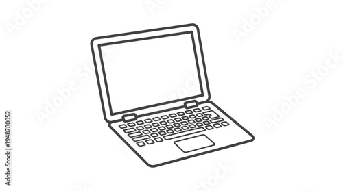 Minimalist laptop icon in black and white, open screen, keyboard, touchpad, simple design, modern technology symbol representing computing, online learning, digital work, and communication.