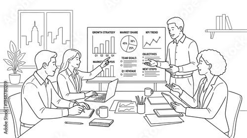Corporate planning meeting with four professionals around a table, reviewing charts, laptops, documents, presenter highlighting strategy, goals, marketing, finance, productivity, operations, cityscape