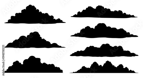 Collection of Black Cloud Silhouettes on White Background