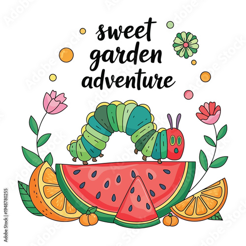 A colorful illustration of a hungry caterpillar crawling over a slice of sweet juicy watermelon