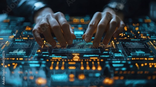Hands interact with futuristic holographic interface, data analysis, dark background, tech concept