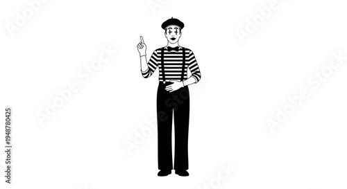 Mime Artist Performing, Gesturing with Finger Up, Black and White Illustration