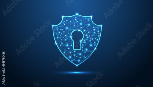Futuristic glowing low poly padlock symbol representing cybersecurity and data protection, created with blue digital polygons and connected nodes on a dark technological background.