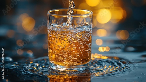 Amber liquid pouring into glass, bokeh background, night scene, advertisement