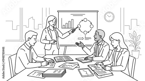 Business conference with six professionals around a table, laptops, documents, coffee mugs, leader presenting market reports, sales trends, revenue allocation, strategic plan, cityscape view.