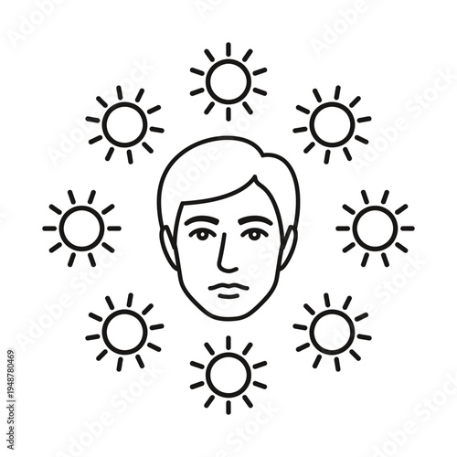 Black and white line art icon showing a human face surrounded by multiple sun symbols in a circle