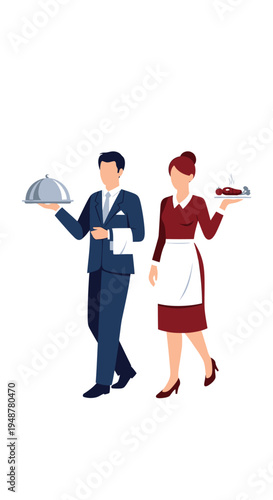 Professional Waiter and Waitress Serving Food with Cloche and Tray in Restaurant