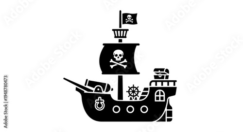 Pirate Ship with Jolly Roger Flag, Cannon, and Treasure Chest - Black and White Vector Icon