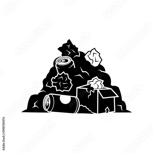 Pile of trash with cans, cardboard box and crumpled paper, black and white vector illustration