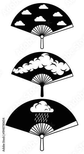 Three folding fans depicting weather changes: clouds, rain, and stormy sky