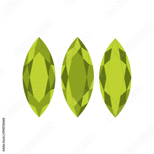 Three Marquise Cut Peridot Gemstones Isolated on White Background