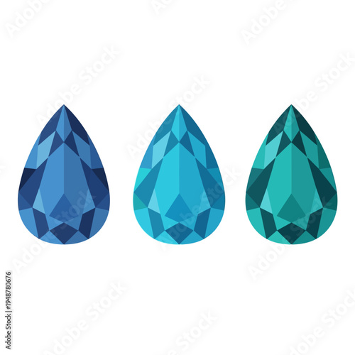 Three pear-shaped faceted gemstones in shades of blue and teal, isolated on white background