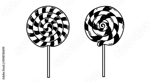Two Swirl Lollipops Black and White Illustration