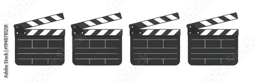 Clapper board vector icon set, featuring opened and closed movie clapper film boards for cinema production, filmmaking tools, and entertainment industry design projects.