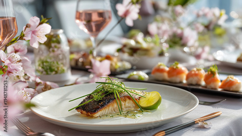Elegance shines through a spring-themed dining setup filled with gourmet delights and floral beauty Generative AI