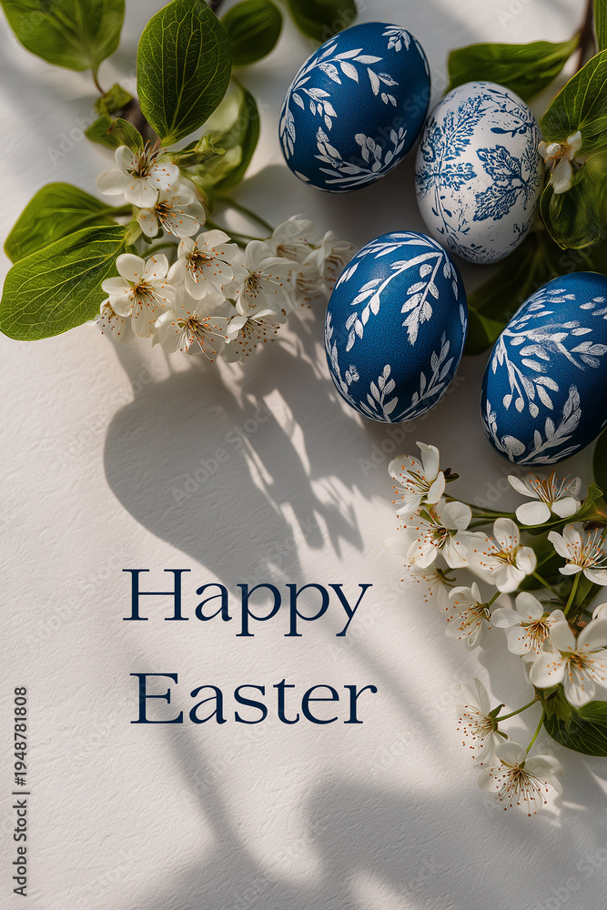 Obraz premium Celebrate the joy of Easter with beautiful blue eggs and blossoms in a serene spring setting Generative AI