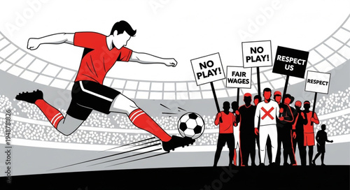 Soccer player kicking ball protest crowd stadium.