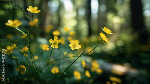 Bright yellow wildflowers bloom under the gentle forest light, bringing joy to nature's canvas Generative AI
