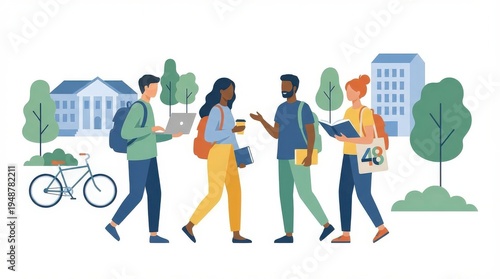 Diverse students walking campus.