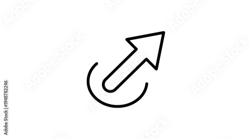 Minimalist black curved arrow pointing right, broad tail narrowing to sharp tip, symbolizing forward action, next step, share, submit, or navigation in digital interfaces and modern design.