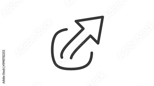 Minimalist black curved arrow pointing right, broad tail narrowing to sharp tip, symbolizing forward action, next step, share, submit, or navigation in digital interfaces and modern design.