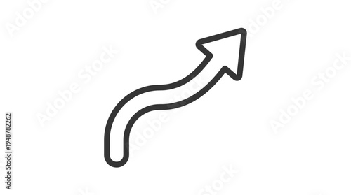 Minimalist black curved arrow pointing right, broad tail narrowing to sharp tip, symbolizing forward action, next step, share, submit, or navigation in digital interfaces and modern design.