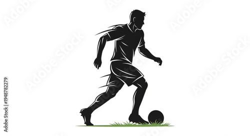 Silhouette of a soccer player dribbling a ball on the field.