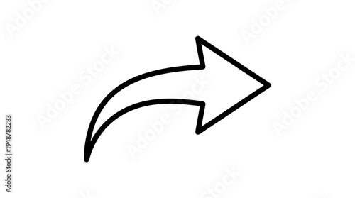 Minimalist black curved arrow pointing right, broad tail narrowing to sharp tip, symbolizing forward action, next step, share, submit, or navigation in digital interfaces and modern design.